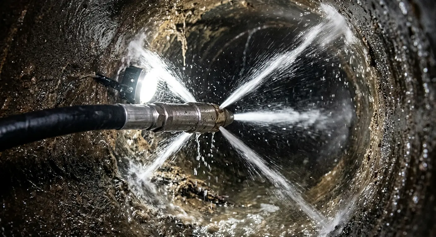High-pressure hydro jetting nozzle cleaning sewer pipe for Sewer Cleanout in Mountain House
