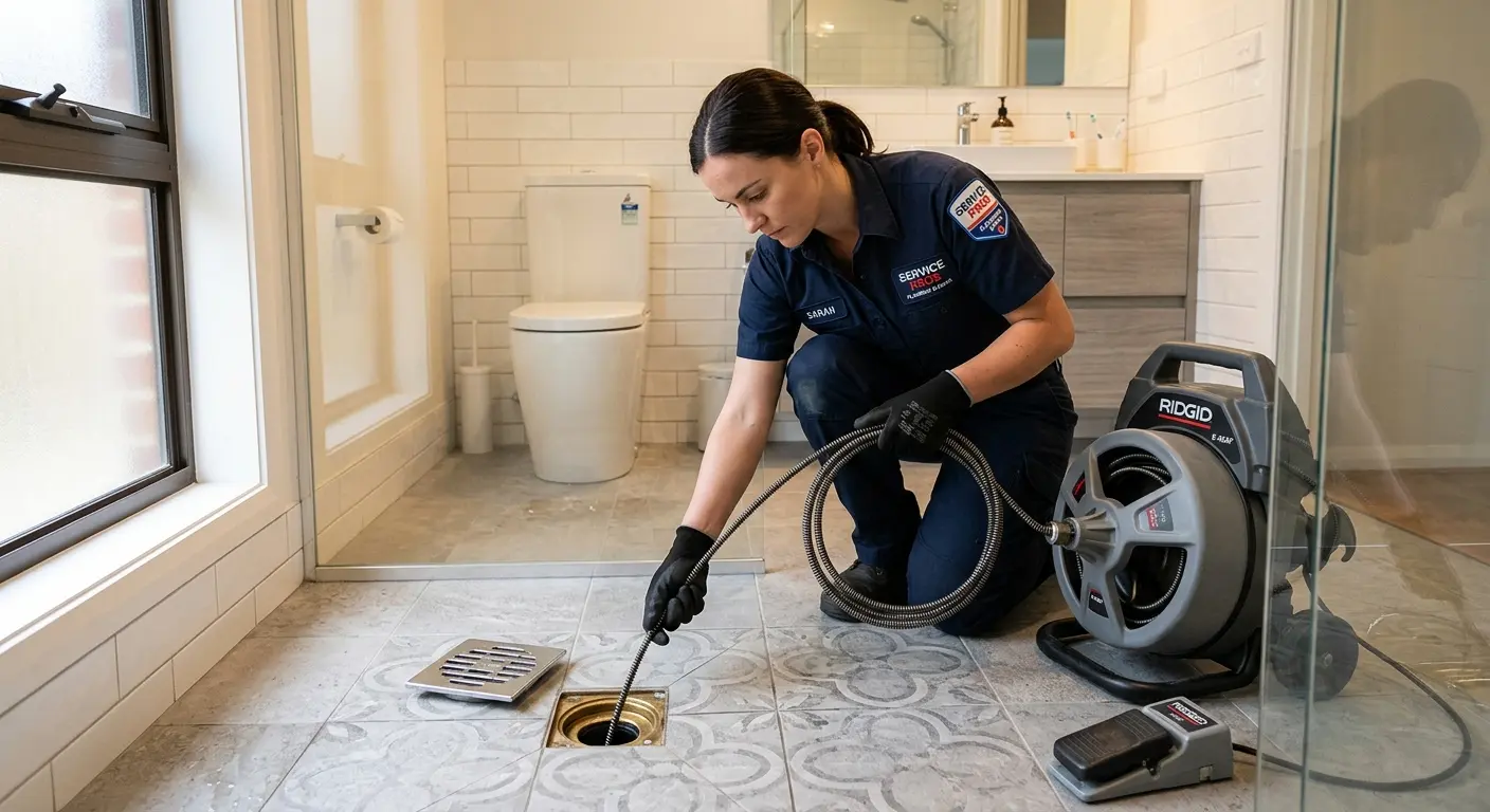 Technician clearing a bathroom floor drain for Sewer Line Replacement in Mountain House